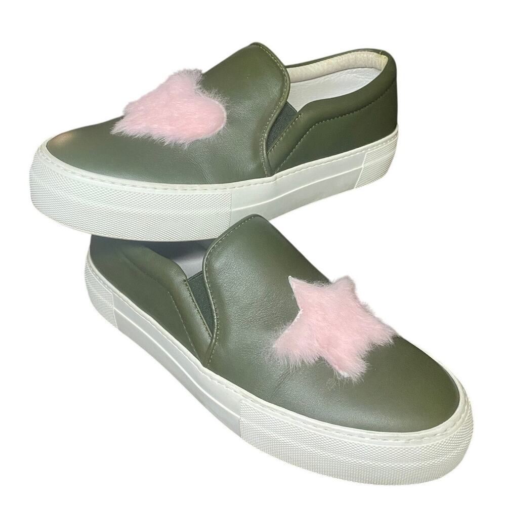 RARE Joshua Sanders US 8 Slip-on Platform Sneakers Olive Green Fuzzy Heart Star